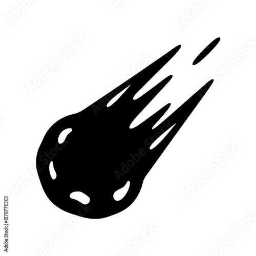 Dramatic illustration of a black comet with trailing particles over white background