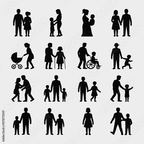 Sixteen Black Silhouettes Depicting Diverse Family Groups Including Parents Children Infants Toddlers and a Person in a Wheelchair Various Family Structures and Dynamics are