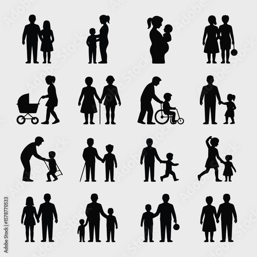 Sixteen Black Silhouettes Depicting Diverse Family Structures Including Parents Children Infants Toddlers Preschoolers School Aged Children Adults Seniors and Individuals with