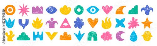 Organic shape, abstract hand drawn element. Vector figure background. Graphic sticker icon. Flower, star, heart, geometric and organic shape figure. Cute color forms design. Doodle kid brush crayon bg
