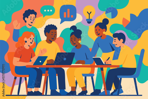 Diverse creative team brainstorming and working together illustration