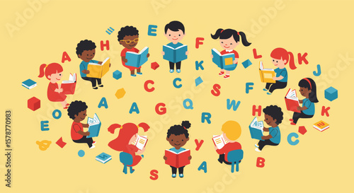 Diverse children reading books surrounded by colorful alphabet letters