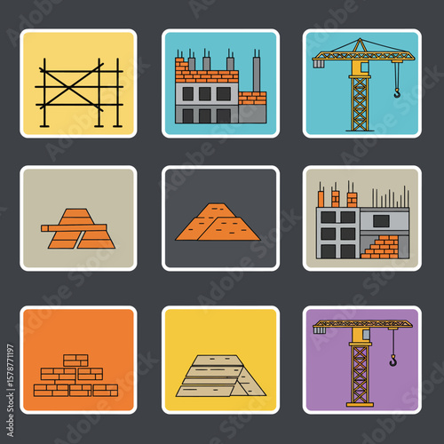 A vibrant set of flat outline icons illustrating essential elements found on a busy construction site, such as scaffolding, buildings, and heavy machinery.