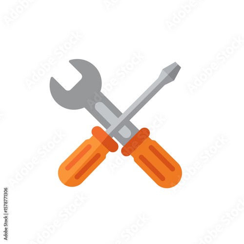 A wrench and screwdriver, tools for repair and maintenance, are displayed in a simple, crossed-handle design against a plain white background, ideal for DIY, repair, and maintenance concepts.