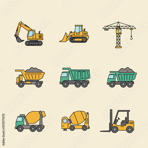 A collection of colorful, vector-style illustrations depicting various construction vehicles and equipment on a light beige background, perfect for design projects.