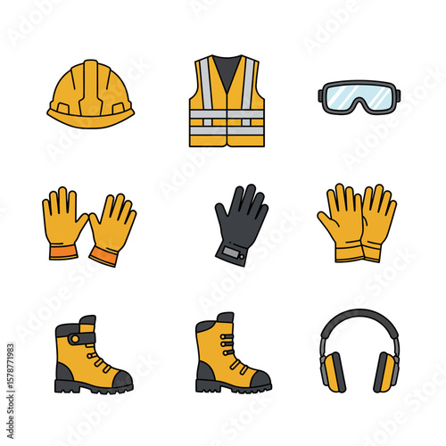A collection of essential safety equipment, including a hard hat, vest, gloves, and boots, designed to protect workers in various industrial environments.
