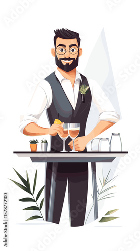 Bartender preparing cocktails with a smile at a modern bar  