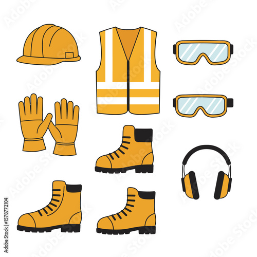 A clear vector illustration showcasing a complete set of essential personal protective equipment, including a hard hat, vest, goggles, gloves, and boots.
