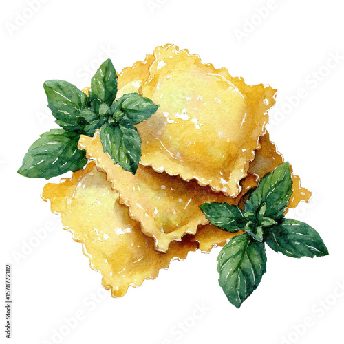 Ravioli with basil art on transparent Background