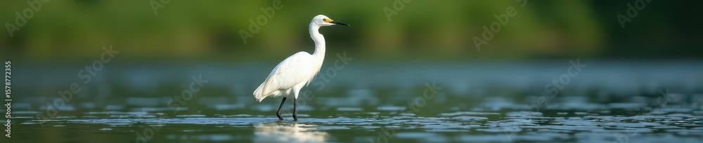 Obraz premium Egret standing in shallow water with feet spread wide, reflection, wading, water