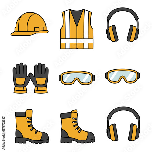 A vector illustration showcases essential construction safety equipment, including a hard hat, vest, ear protection, gloves, goggles, and work boots, emphasizing workplace protection.