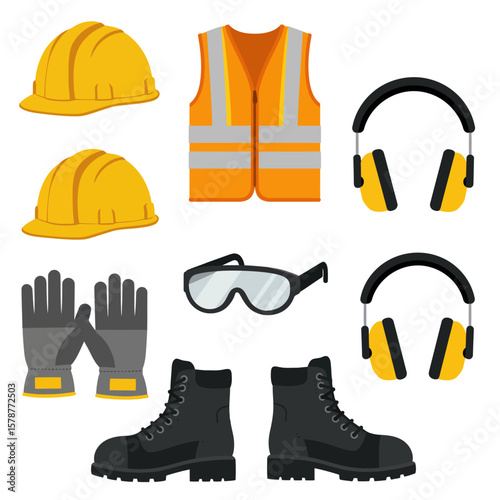 Essential personal protective equipment items, including hard hats, a safety vest, ear defenders, goggles, gloves, and work boots, for industrial workplace safety.