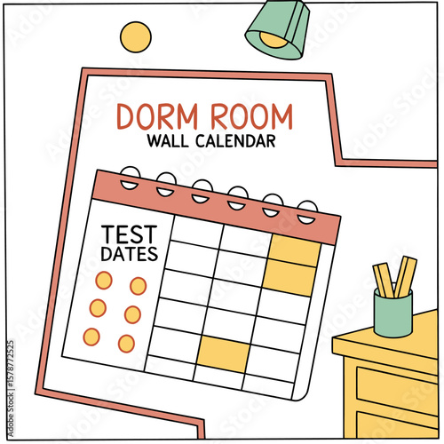 Illustration of a dorm room wall calendar with test dates marked, desk, lamp, and wall decoration present