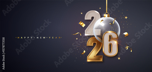 Happy new year 2026. Realistic numbers with golden Christmas holiday decoration and confetti on dark blue background.