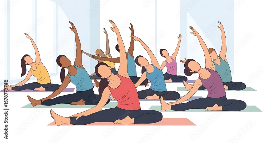 Obraz premium Diverse group of people practicing yoga indoors to promote wellbeing and flexibility