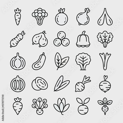 Collection of Thirty Black Line Art Vegetable Icons on Light Gray Background Including Carrots Onions Beets Broccoli Spinach and More