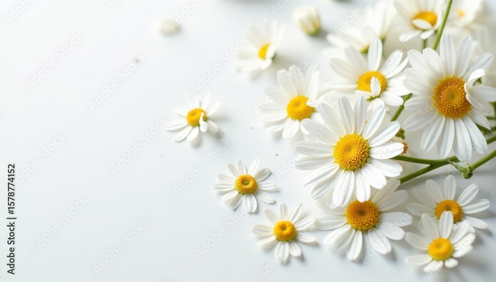 Fototapeta premium Delicate chamomile petals floating against pure white backdrop , remedy, wallpaper