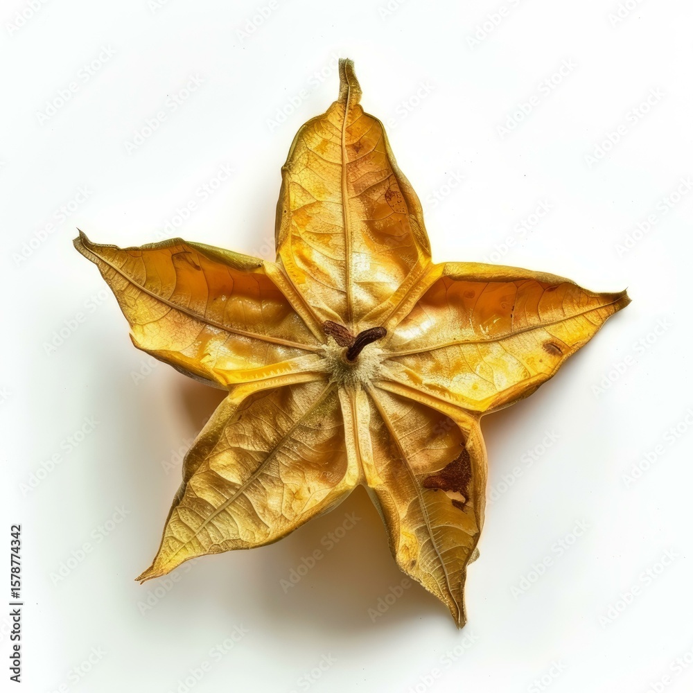 Fototapeta premium Close up of a dried carambola fruit, showcasing its distinctive star shape against a clean white backdrop