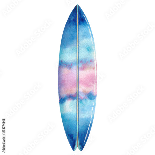 Watercolor surfboard art on transparent Background