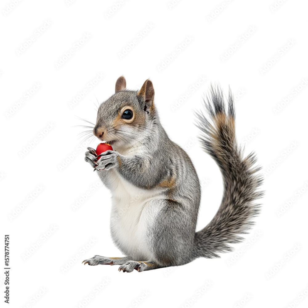 Obraz premium A charming gray squirrel stands upright, holding a bright red berry, isolated against a transparent background, capturing its playful nature and endearing charm