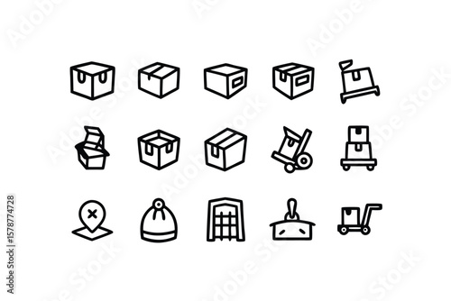 Delivery and Logistics Icon Set with Boxes Hand Trucks and Warehouse Outline Style