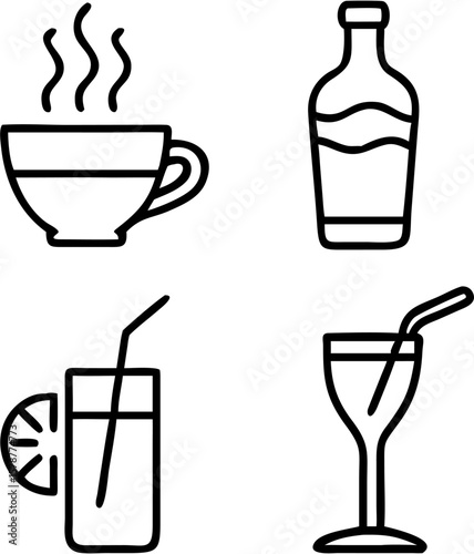 Set of 4 Editable Line Art Vector Icons — Wine Glass, Water Bottle, Cocktail with Straw, Hot Tea Cup — Minimal Thin Stroke Design for Beverage, Drink, and Refreshment Concepts