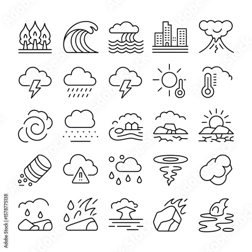 Collection of Thirty Black Line Icons Depicting Various Natural Disasters and Weather Phenomena Including Tsunami Earthquake Volcano Eruption Hail Storm Lightning Flood Drought