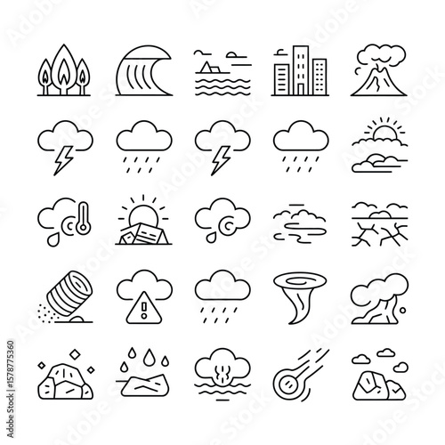 Collection of Thirty Black Linear Icons Depicting Various Natural Disasters and Weather Phenomena Including Forest Fires Tsunami Volcanic Eruption Lightning Storms Heavy