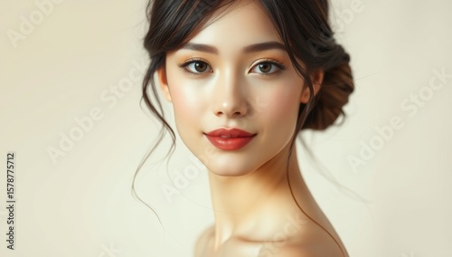 Elegant Woman with Twisted Bun and Porcelain Skin – Soft Beauty Portrait on Cream Background