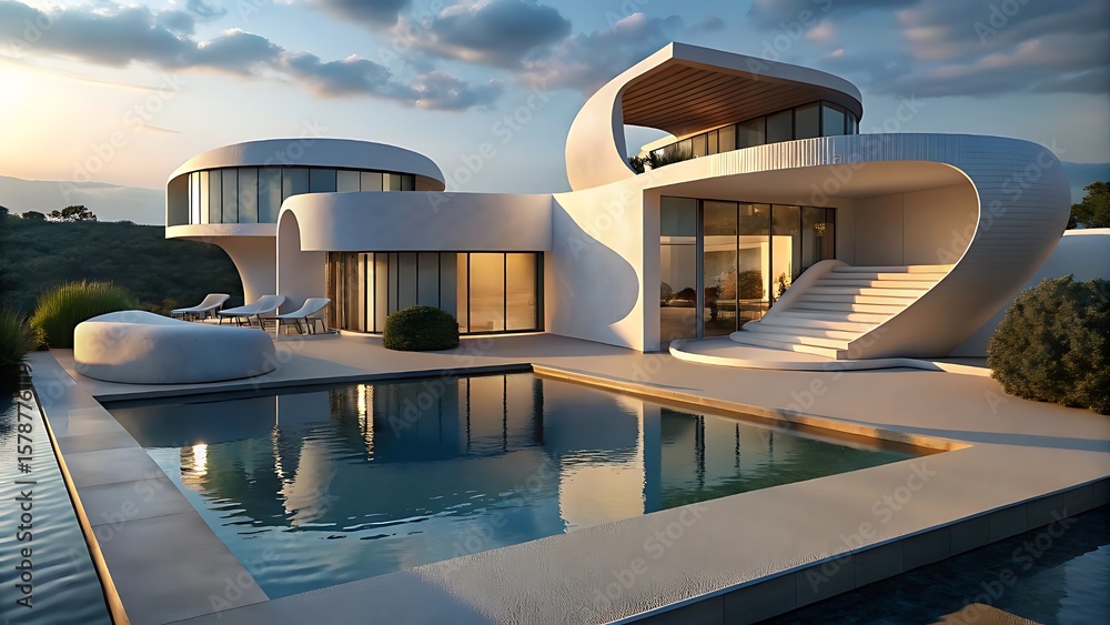 Fototapeta premium Modern house with swimming pool and garden at dusk wide angle lens blue sky front view landscape.