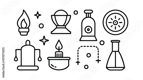 Black and White Seamless Pattern of Various Ritual Objects and Symbols