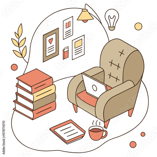 Illustration of a cozy reading nook with books armchair laptop and coffee in a comfortable setting indoors