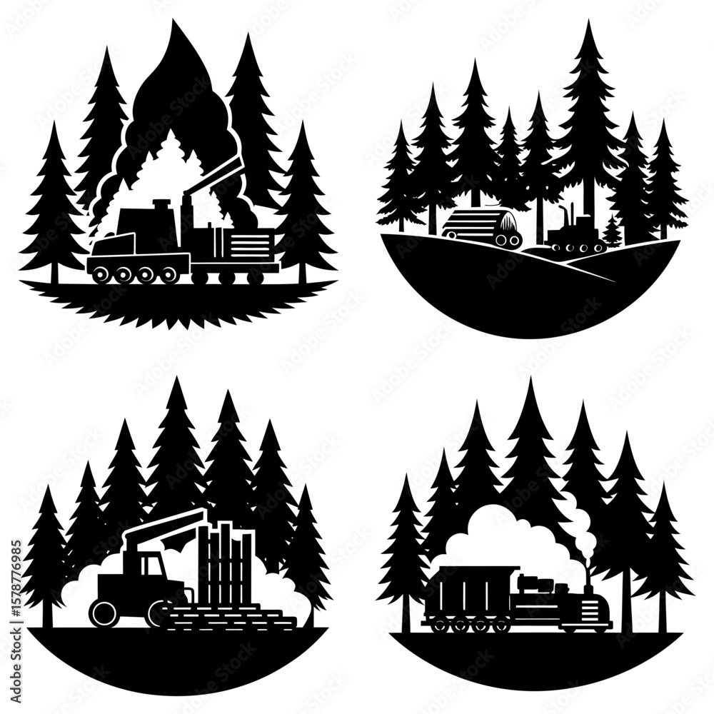 Obraz premium Four black and white logging scenes with trees and steam powered vehicles in various forest settings