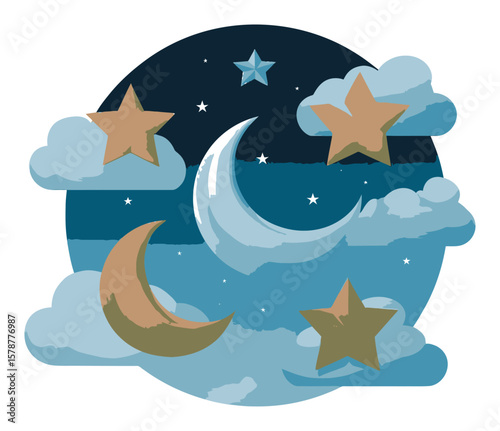 Dreamy Night Sky with Moon and Stars in a Flat Vector Illustration