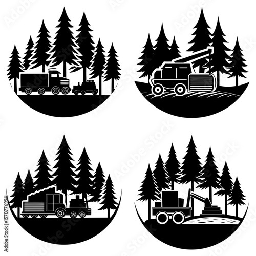 Four circular forest scenes showcasing logging trucks and equipment in black and white silhouette style