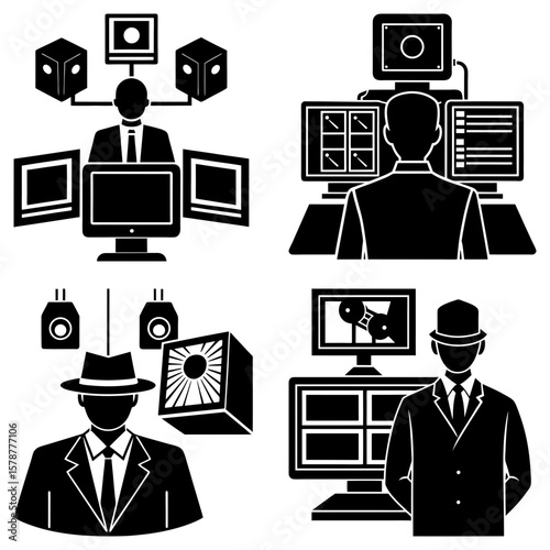 Illustrations showing security personnel monitoring screens and surveillance equipment in black and white