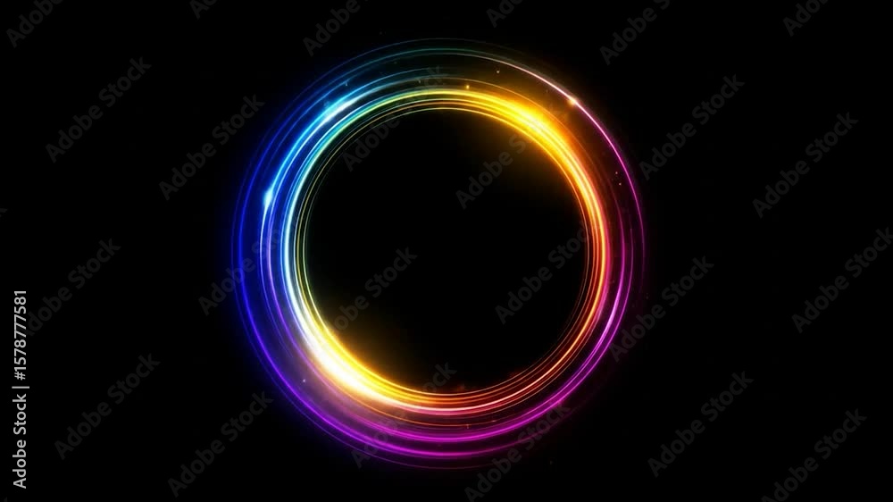 A vivid circle of neon, rainbow light trails on black