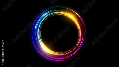 A vivid circle of neon, rainbow light trails on black