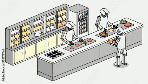 Isometric view of robots preparing food in a kitchen with cabinets and cooking equipment visible here