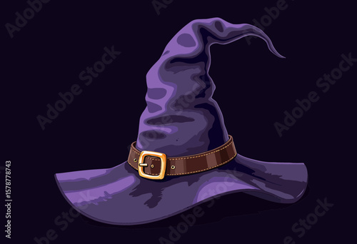 Purple witch hat with brown belt on dark background  
