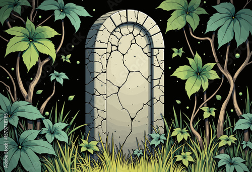 Cracked tombstone surrounded by overgrown greenery at night  