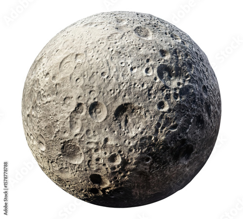 A large, round, grey rock with a lot of craters on it
