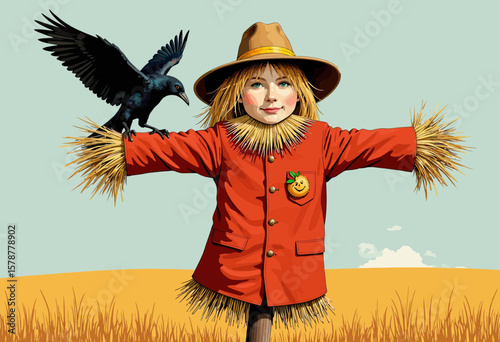 Scarecrow girl smiling with crow on shoulder in autumn field  