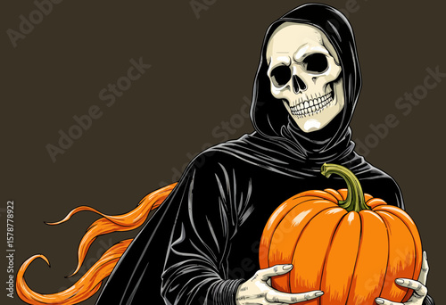 Skeleton holding pumpkin with orange ribbon on dark background  