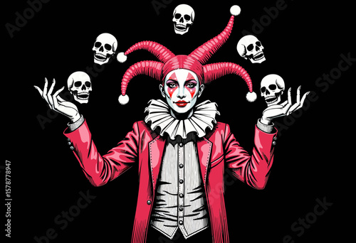 Jester in pink attire juggling skulls against black background  