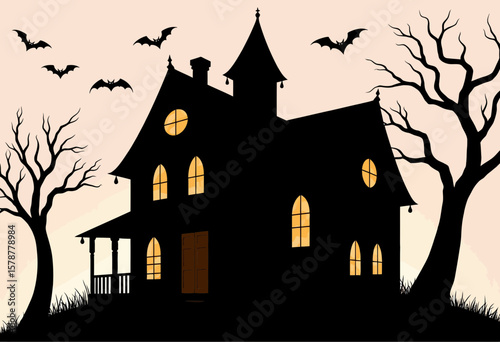 Spooky haunted house silhouette with bats and bare trees at dusk  
