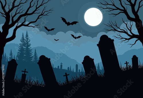 Spooky graveyard silhouette with bats and moonlight at night  