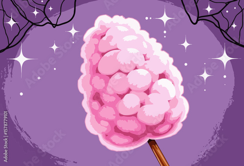 Cotton candy on stick with purple background and stars  