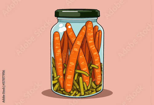 Jar of pickled carrots and green beans in a clear container  