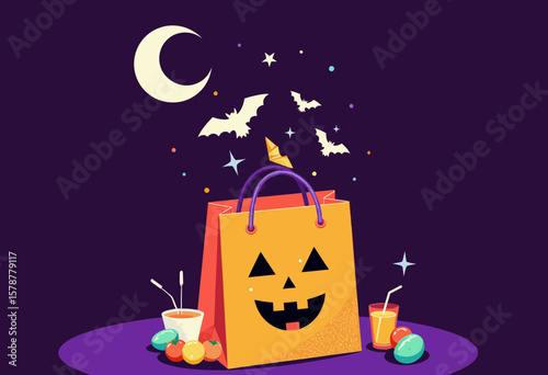 Halloween-themed shopping bag with bats and colorful treats  